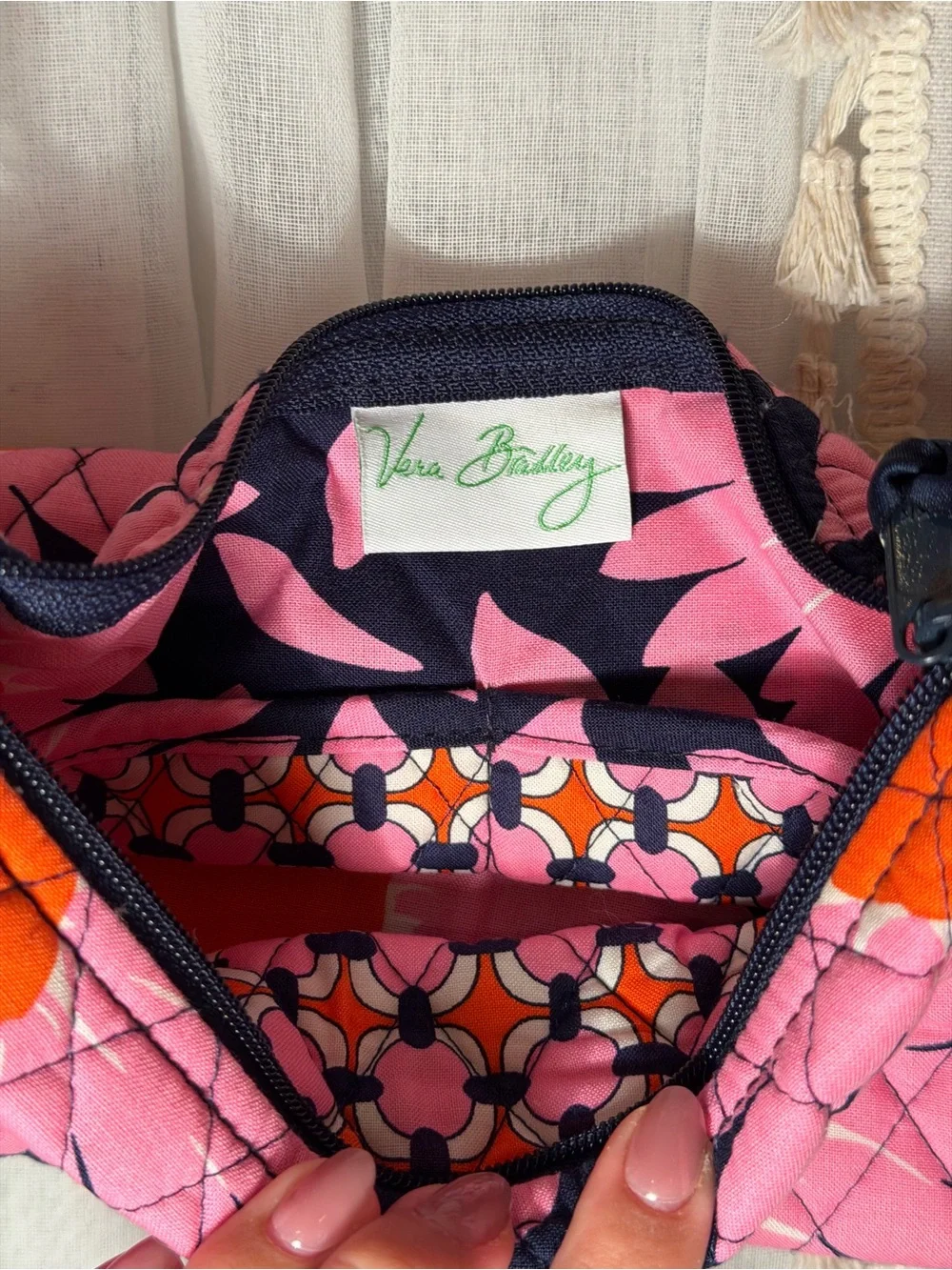 Vera Bradley Quilted Pink Floral Shoulder Bag with Orange Accents